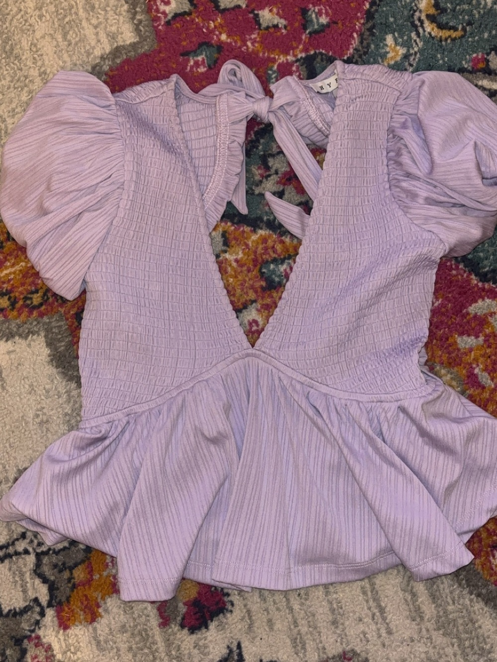HYFVE Lavender Puff-Sleeve Smocked V-Neck Peplum Top